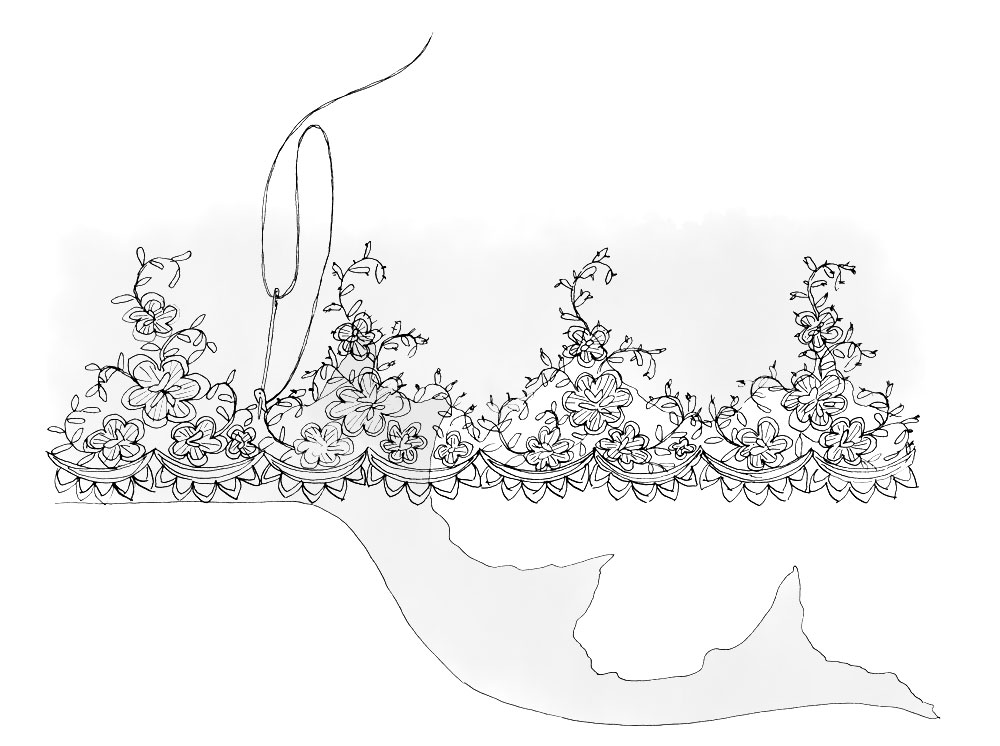 How to sew a cutaway lace edge, illustration by Gillian Conahan from The Hero's Closet (Abrams 2017)