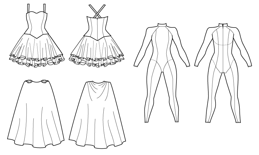 Design flats for the two-piece dress, cape, and seamed jumpsuit from The Hero's Closet by Gillian Conahan