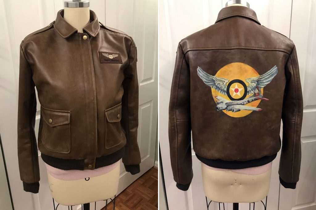 Front and back of replica Captain Marvel A-2 flight jacket made by Gillian Conahan for Becoming Captain Marvel