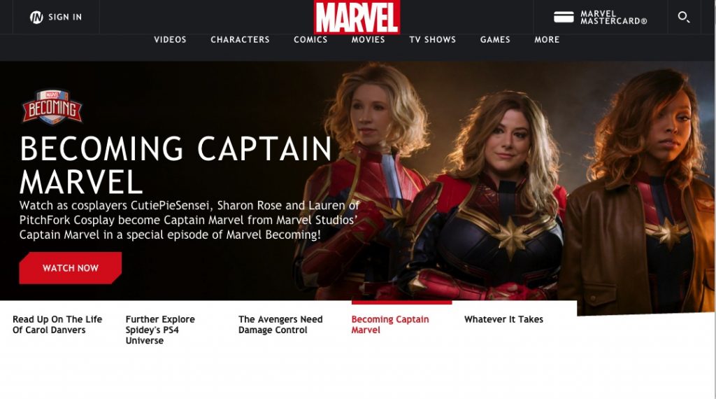 Screenshot of Marvel website with featured video Becoming Captain Marvel, featuring Pitchfork Cosplay, Sharon Rose, and CutiePieSensei