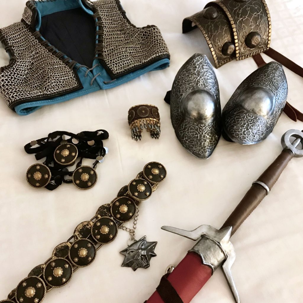 Ciri cosplay armor accessories and props laid out flat