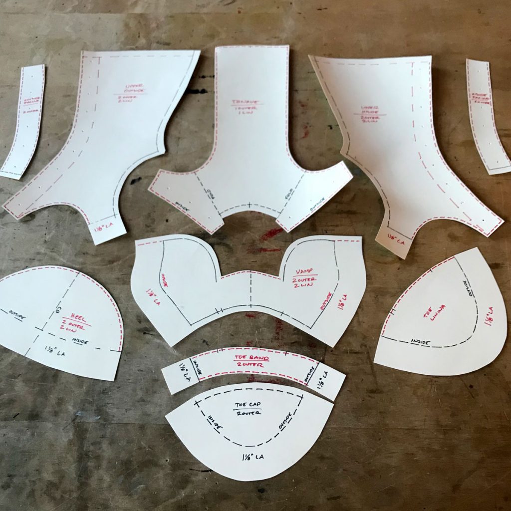 pattern pieces for boot laid out on table