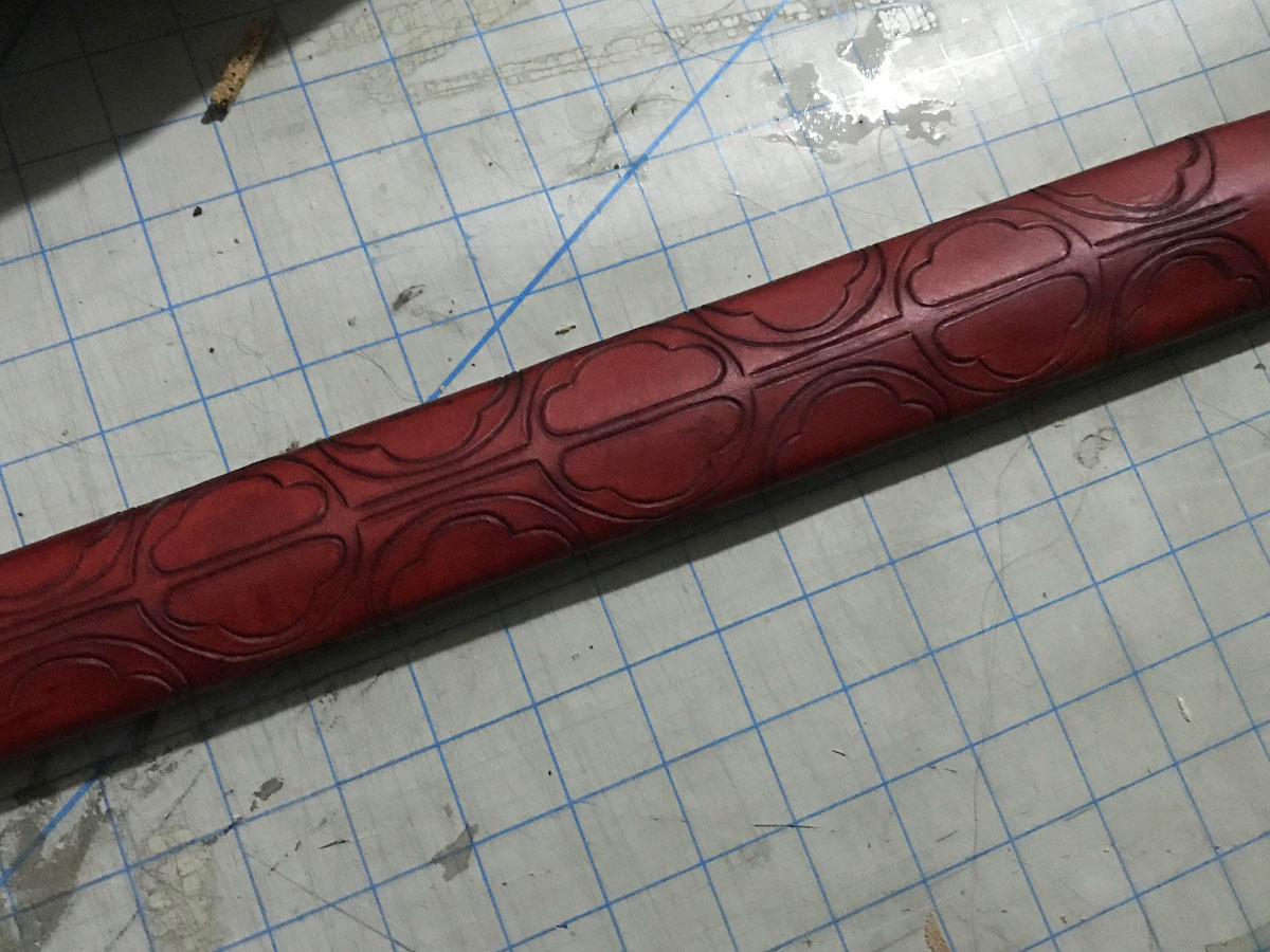 tooled leather with one coat of water-based dye