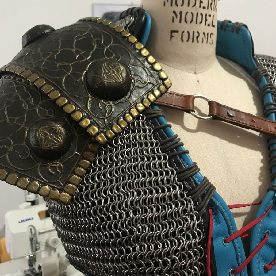 finished pauldron on dress form with mail vest
