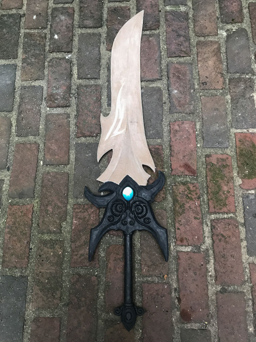 assembled but unpainted sword prop shown in full