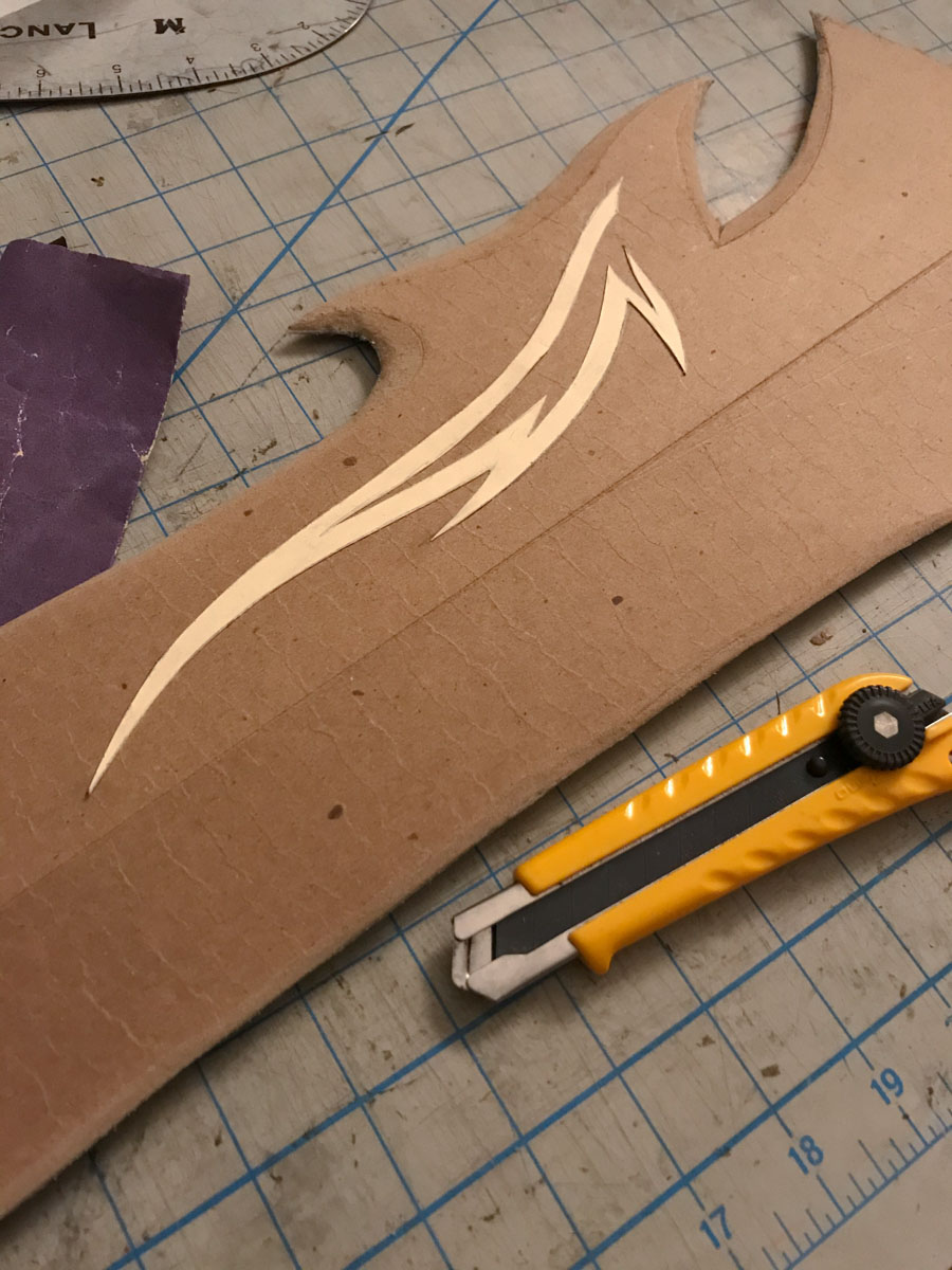 detail of cardboard blade base with applied cardstock detail